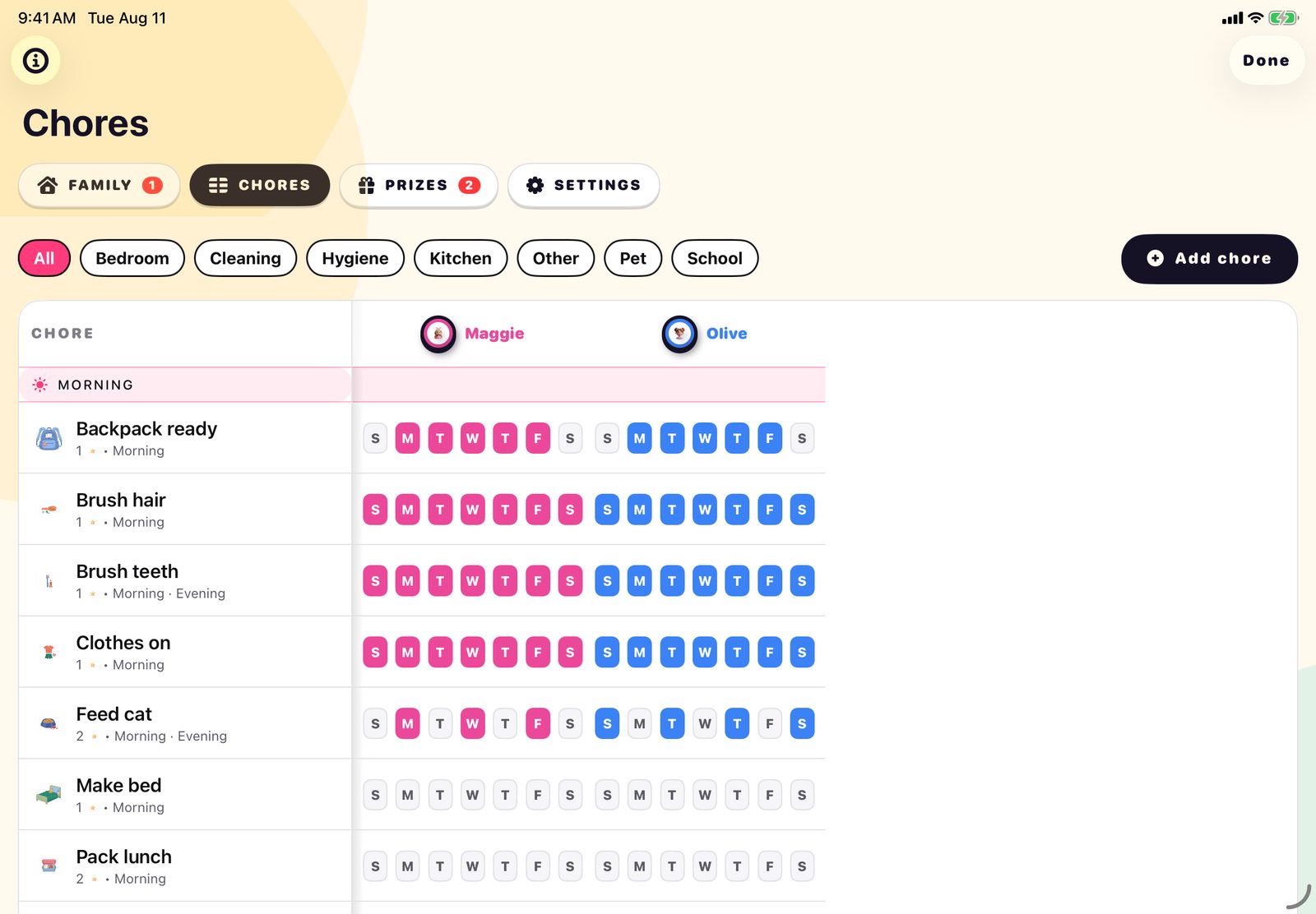 The Posso scheduling grid: chores down the side, kids across the top, and a row of day pills in each cell