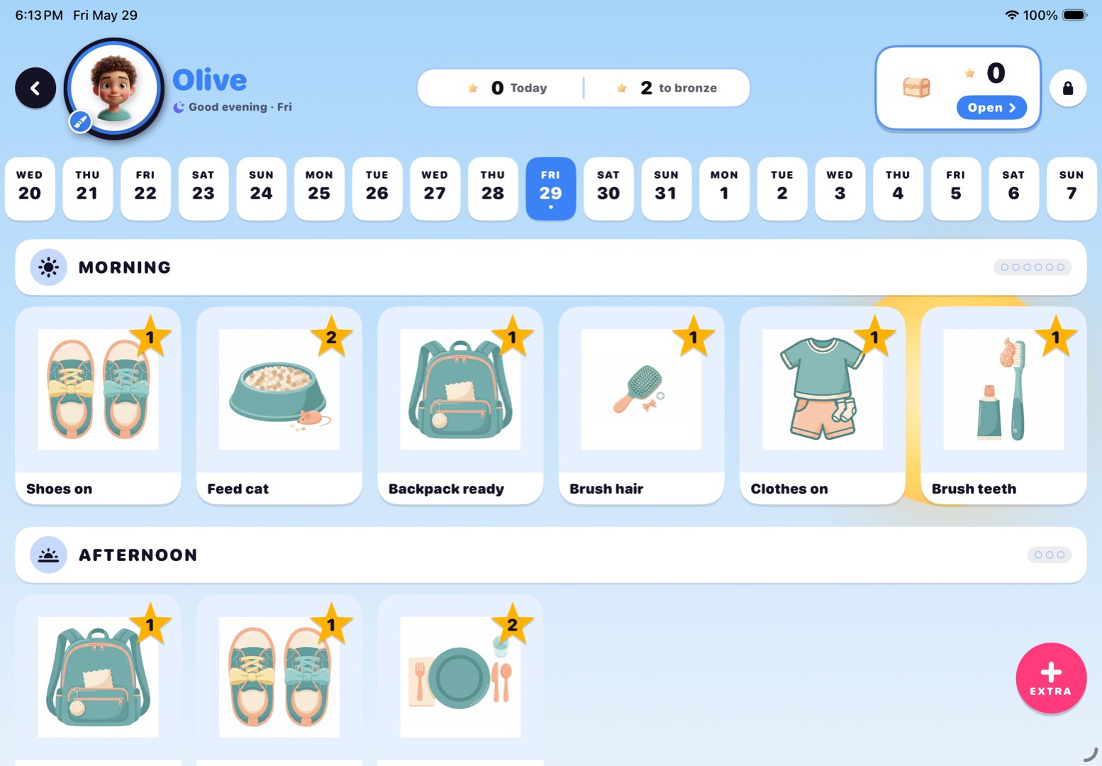 A child's day view in Posso with chores grouped into morning and afternoon