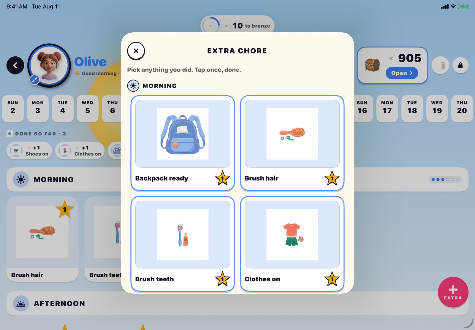 The Extra Chore picker in Posso, showing the full chore library so a child can claim something they did that wasn't scheduled