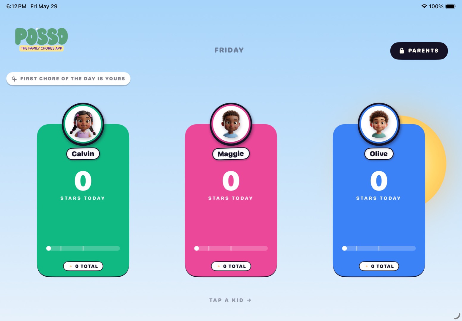 Posso home screen showing three kids, each with their own color and stars