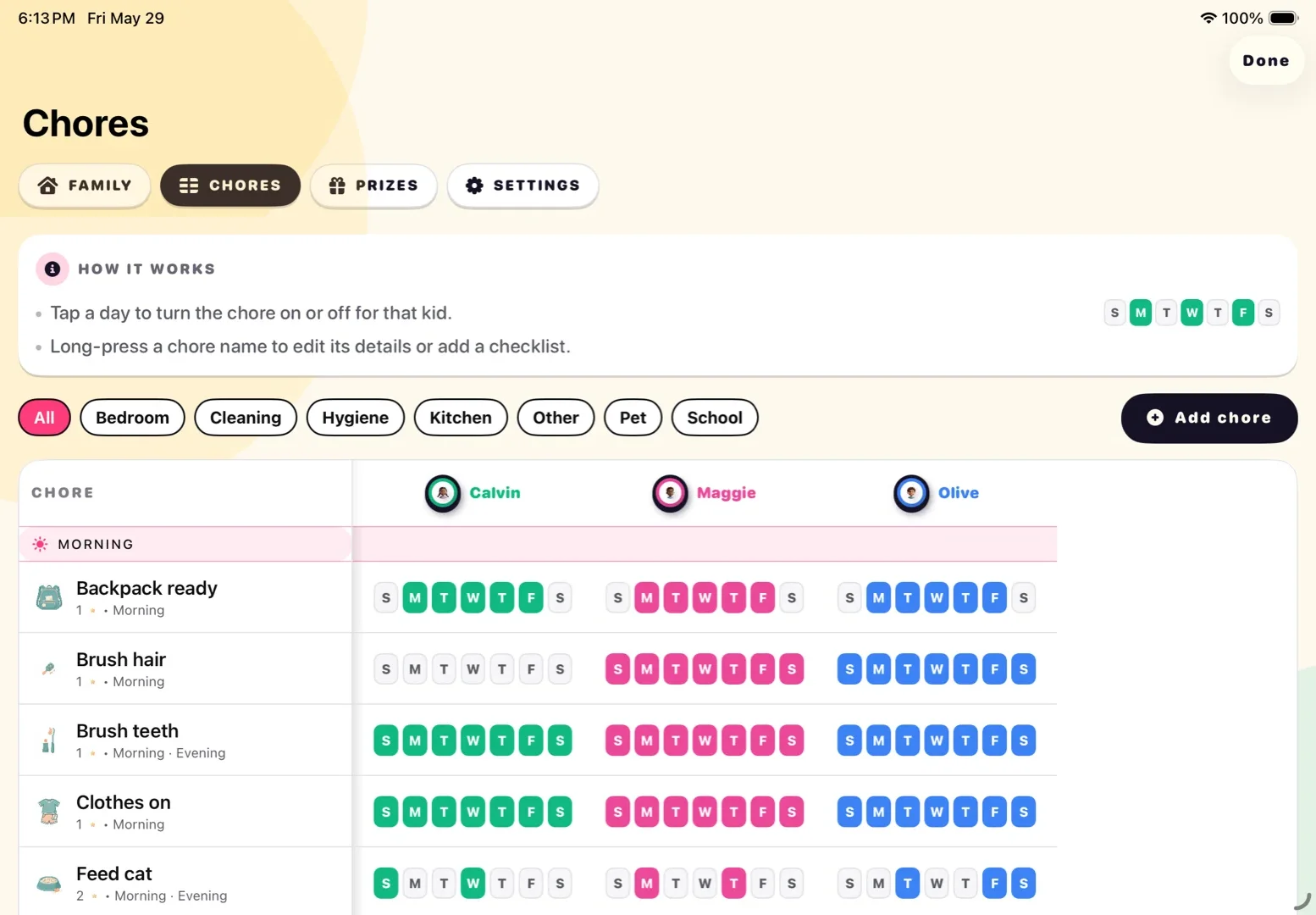 The Posso scheduling grid: chores down the side, kids across the top, day pills in each cell