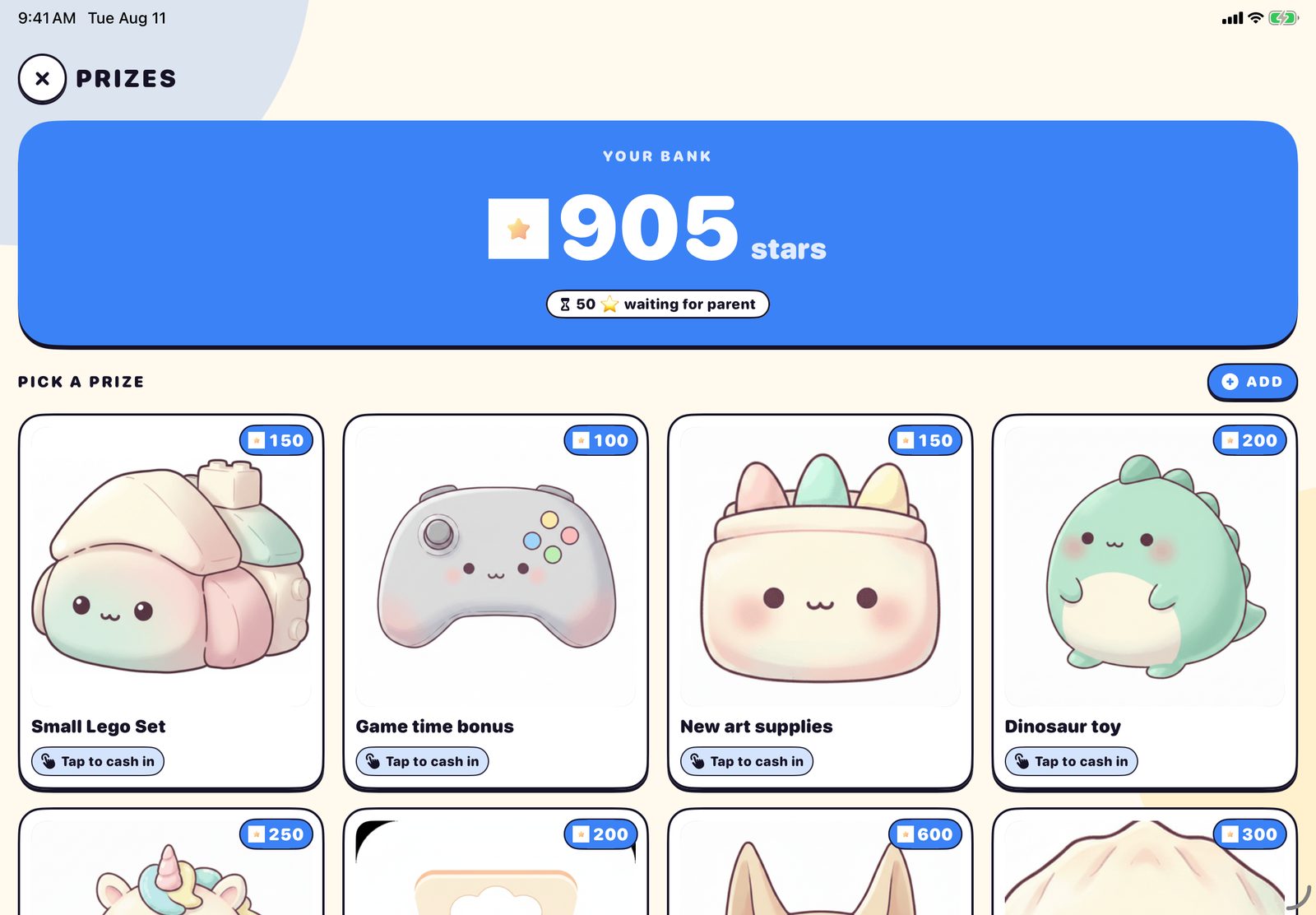 A child's prize catalog in Posso showing their star bank and the cost of each reward