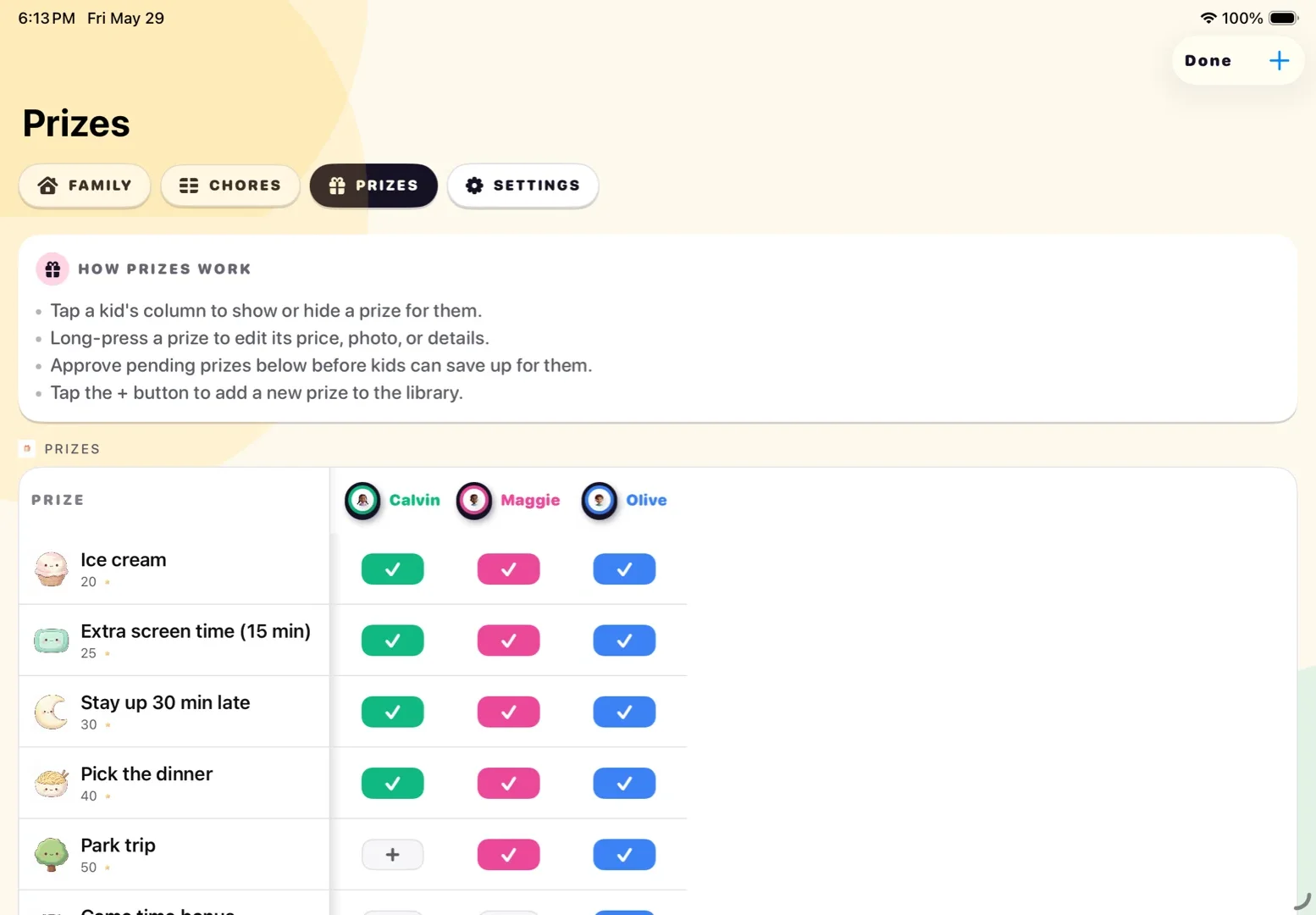 The Posso prizes screen with rewards and per-kid visibility toggles